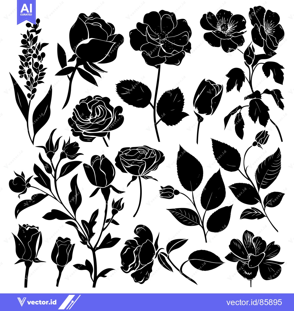 Premium Vector of Black and White Silhouette Collection of Roses and Buds