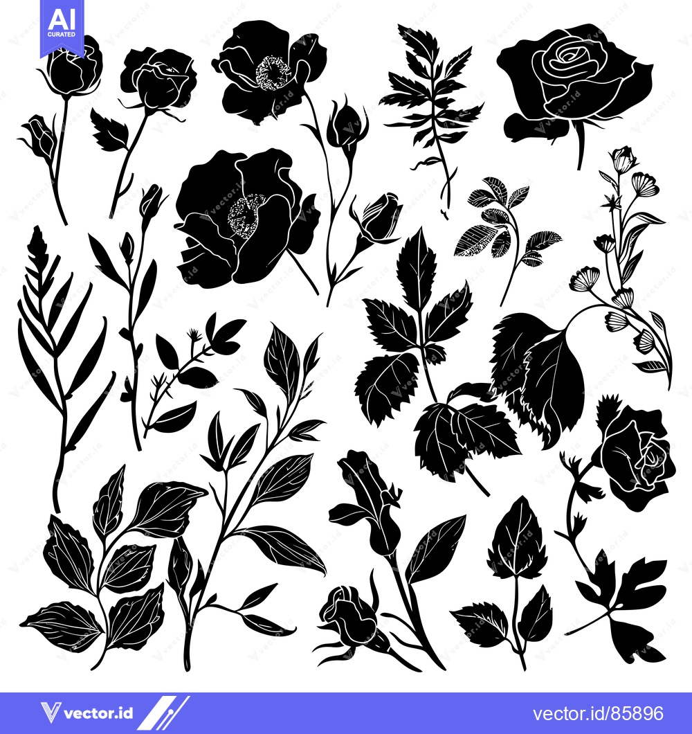 Premium Vector of Black and White Silhouette Illustration of Various Roses and Leaves