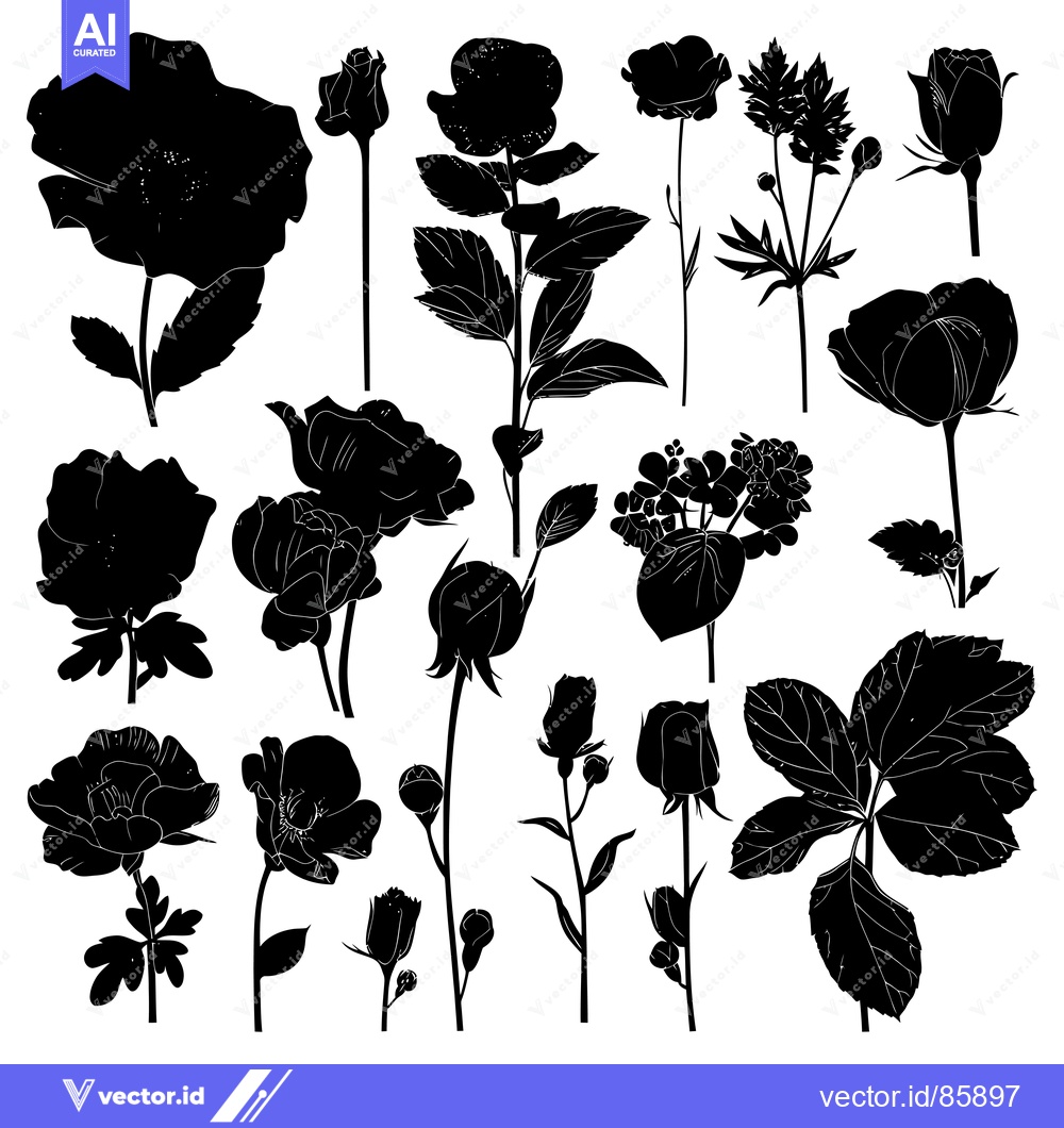 Premium Vector of A Collection of Silhouettes of Various Flowers and Buds