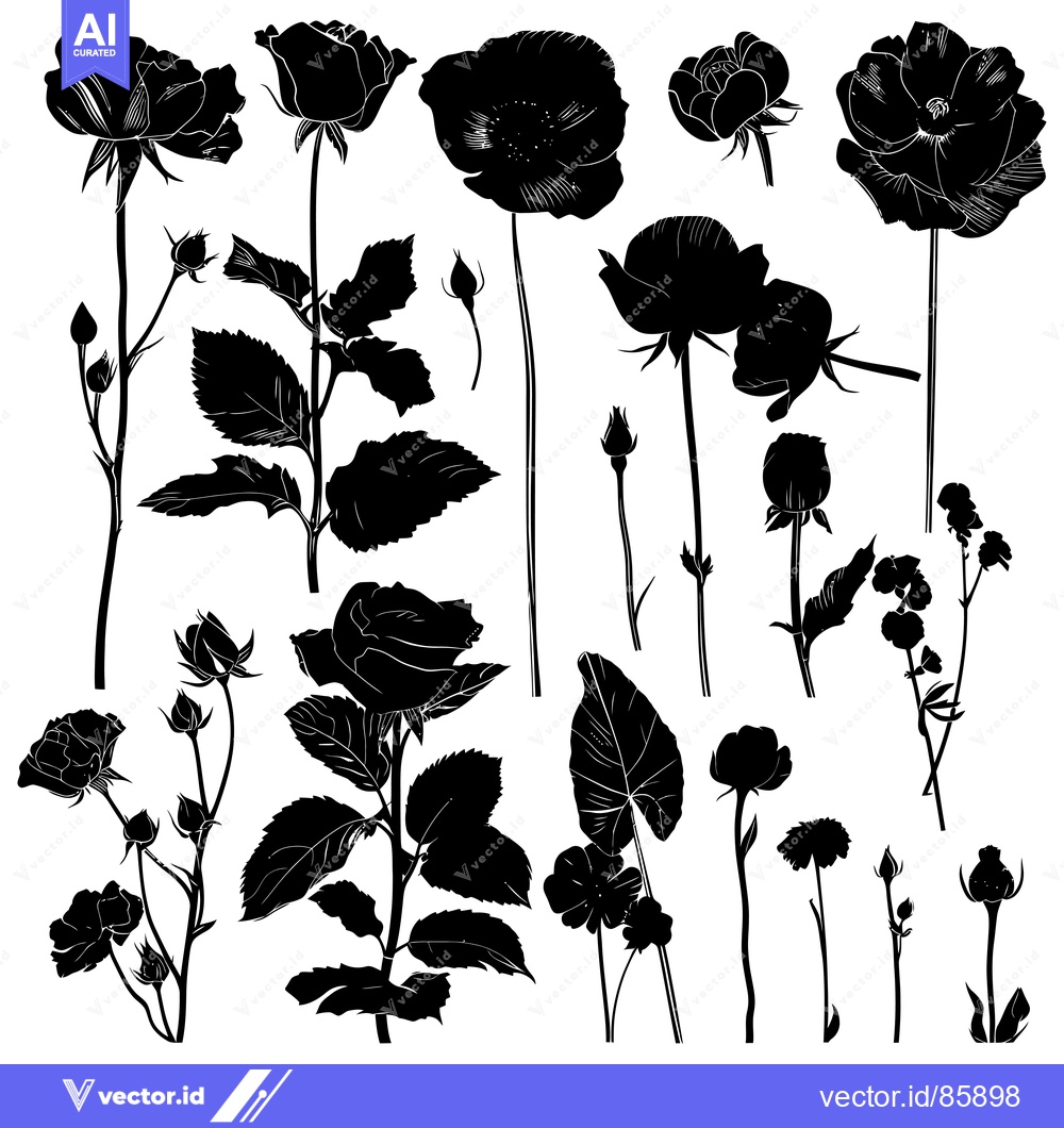 Premium Vector of Black Silhouettes of Various Roses and Buds