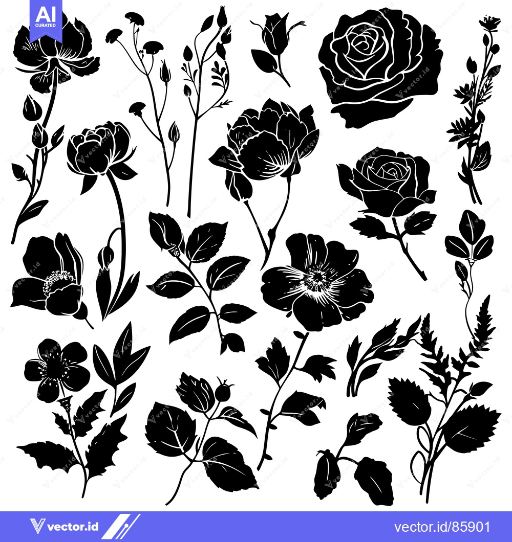 Premium Vector of Black and White Silhouette of Various Flowers and Foliage