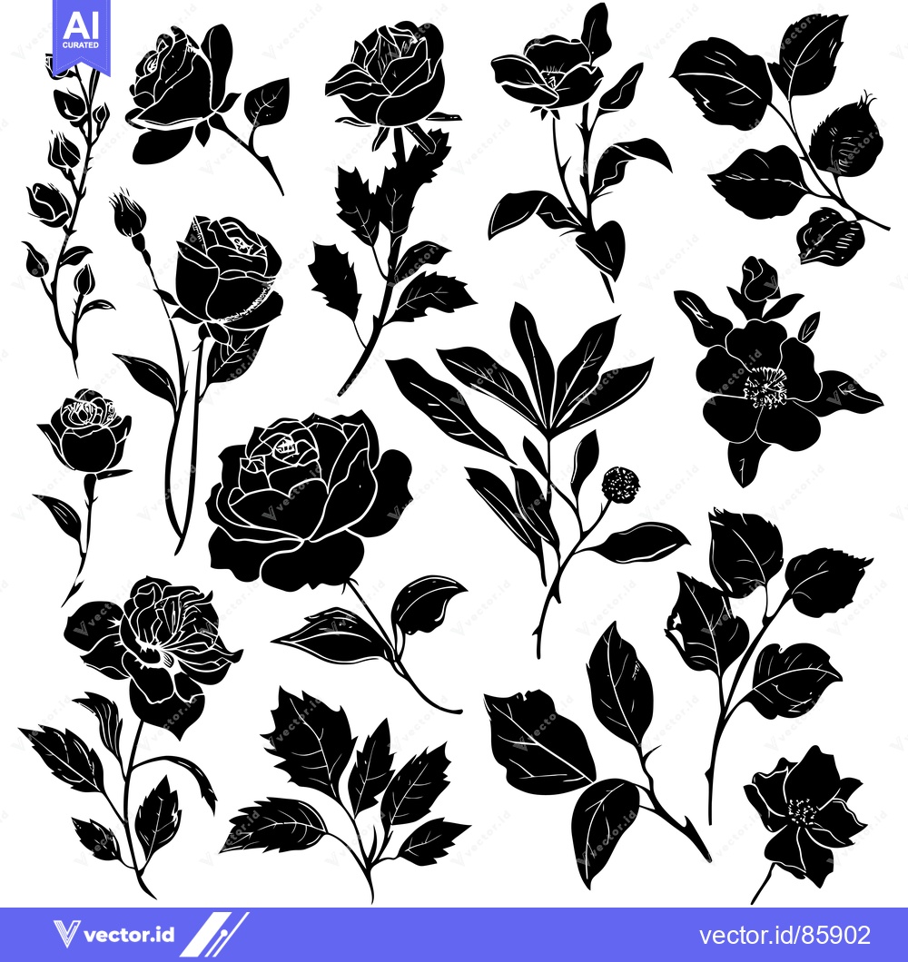 Premium Vector dari Black and White Silhouette of Roses and Leaves