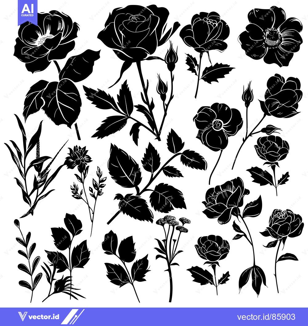 Premium Vector of Black and White Silhouette of Roses and Foliage