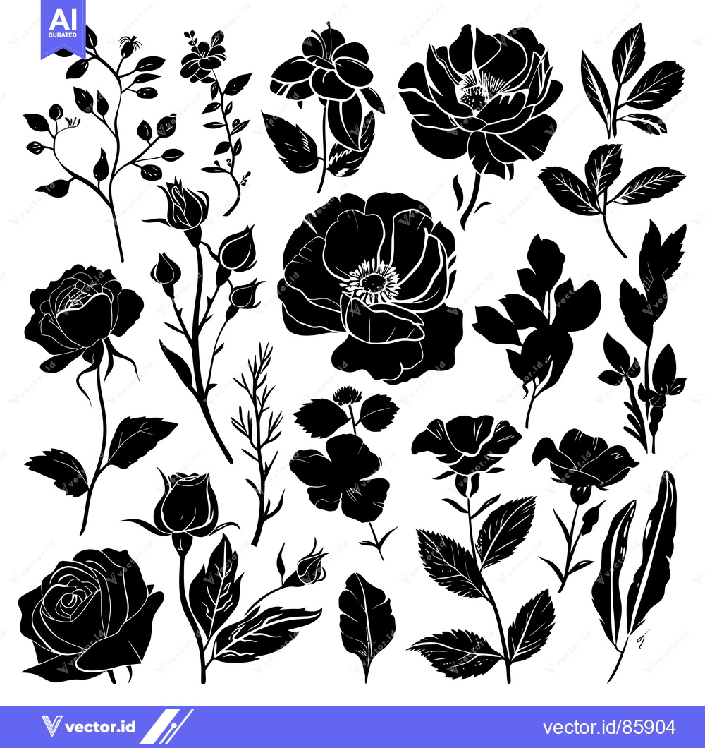 Premium Vector of Collection of Black Silhouettes of Roses, Flowers, and Leaves