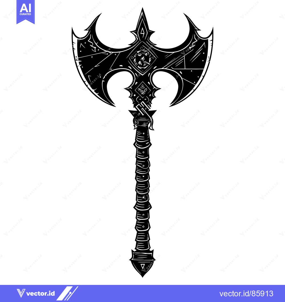 Premium Vector dari Black and White Illustration of a Double-Headed Axe with a Detailed Ha