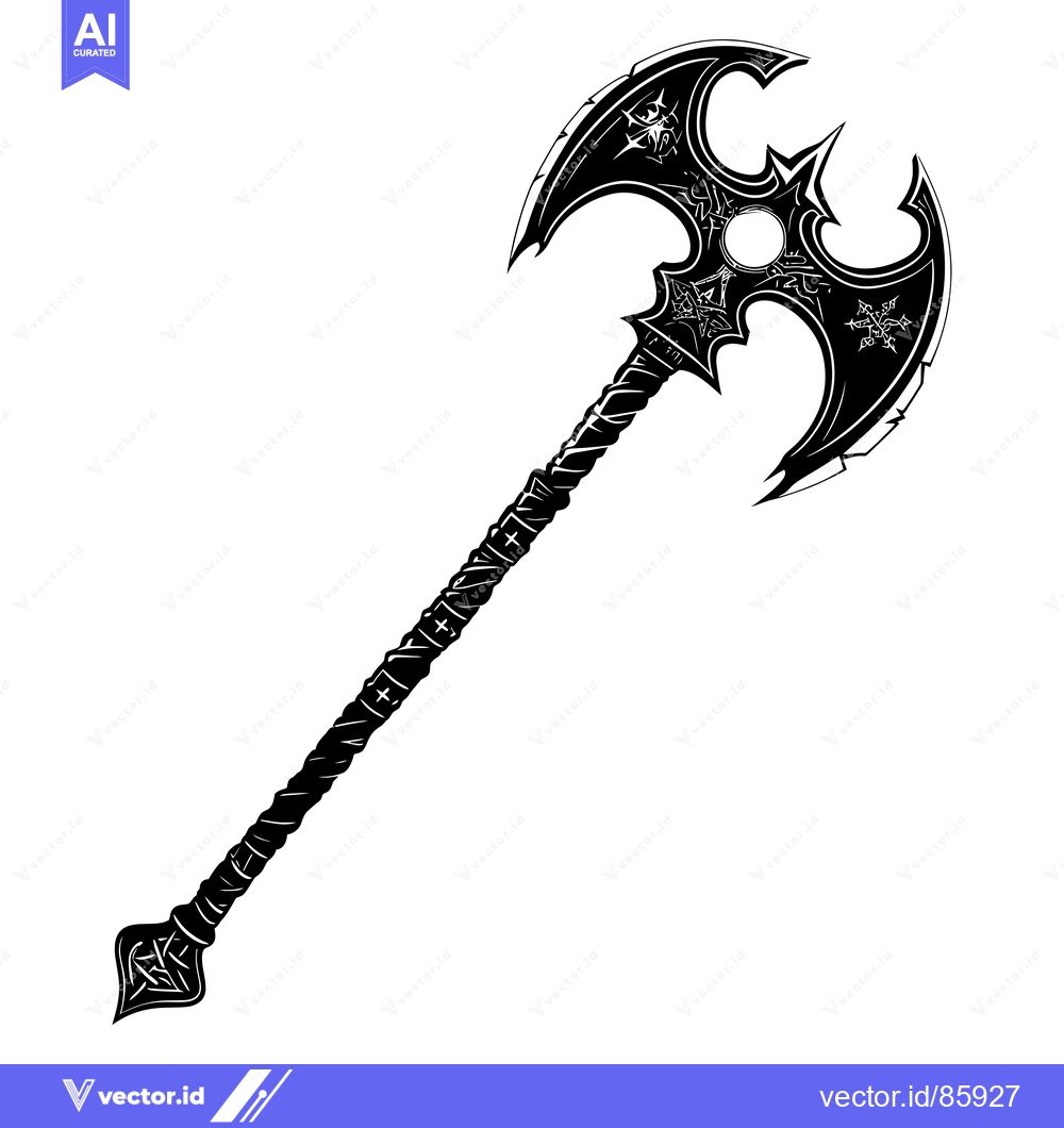 Premium Vector dari Black and White Illustration of a Double-Headed Axe with Intricate Det