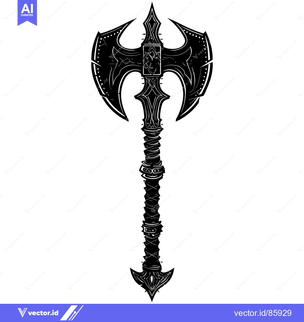 Premium Vector of A Black and White Illustration of a Ornate Double-Headed Axe