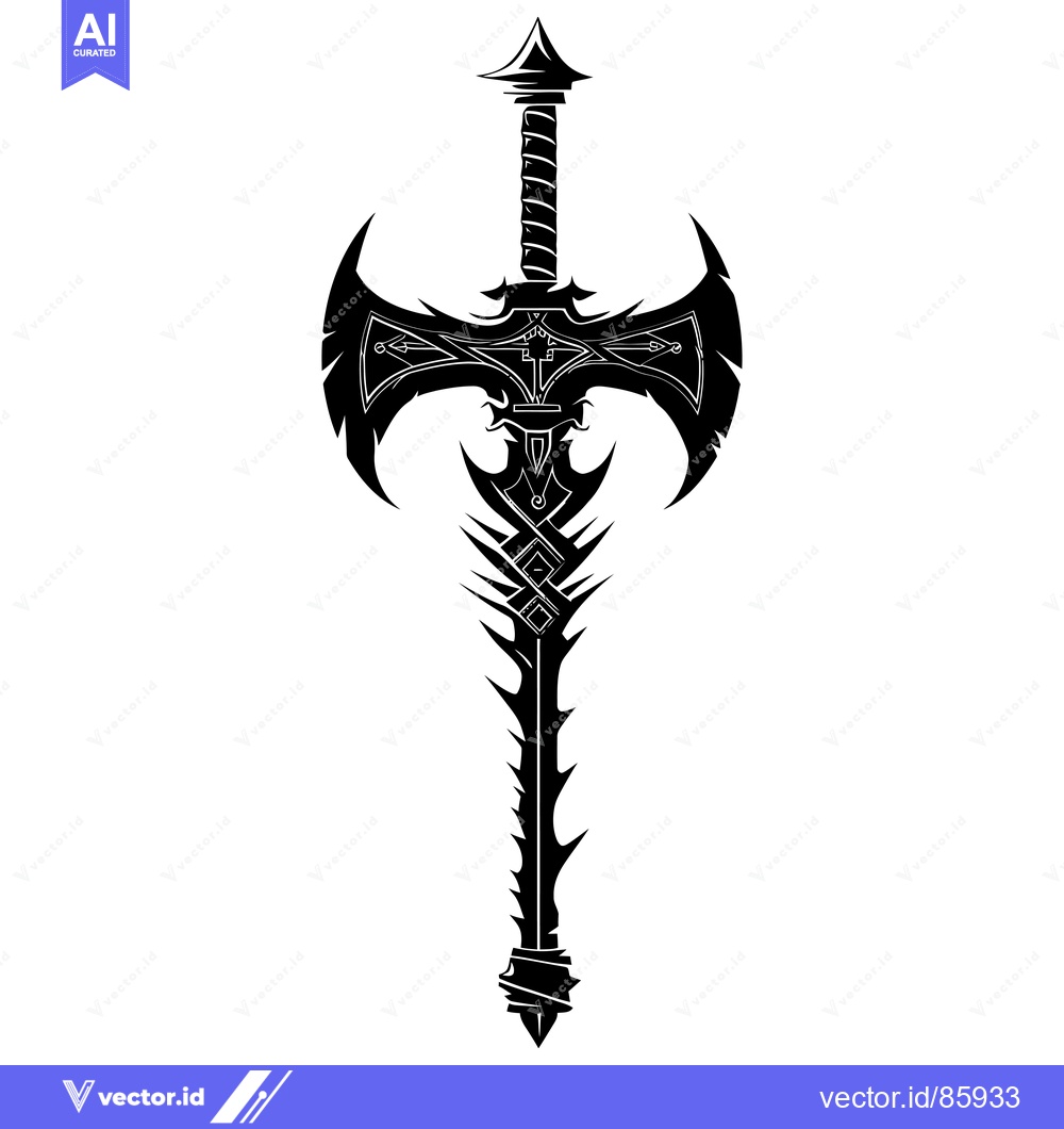 Premium Vector of A Stylized Black and White Illustration of a Sword with an Axe-Like Bl