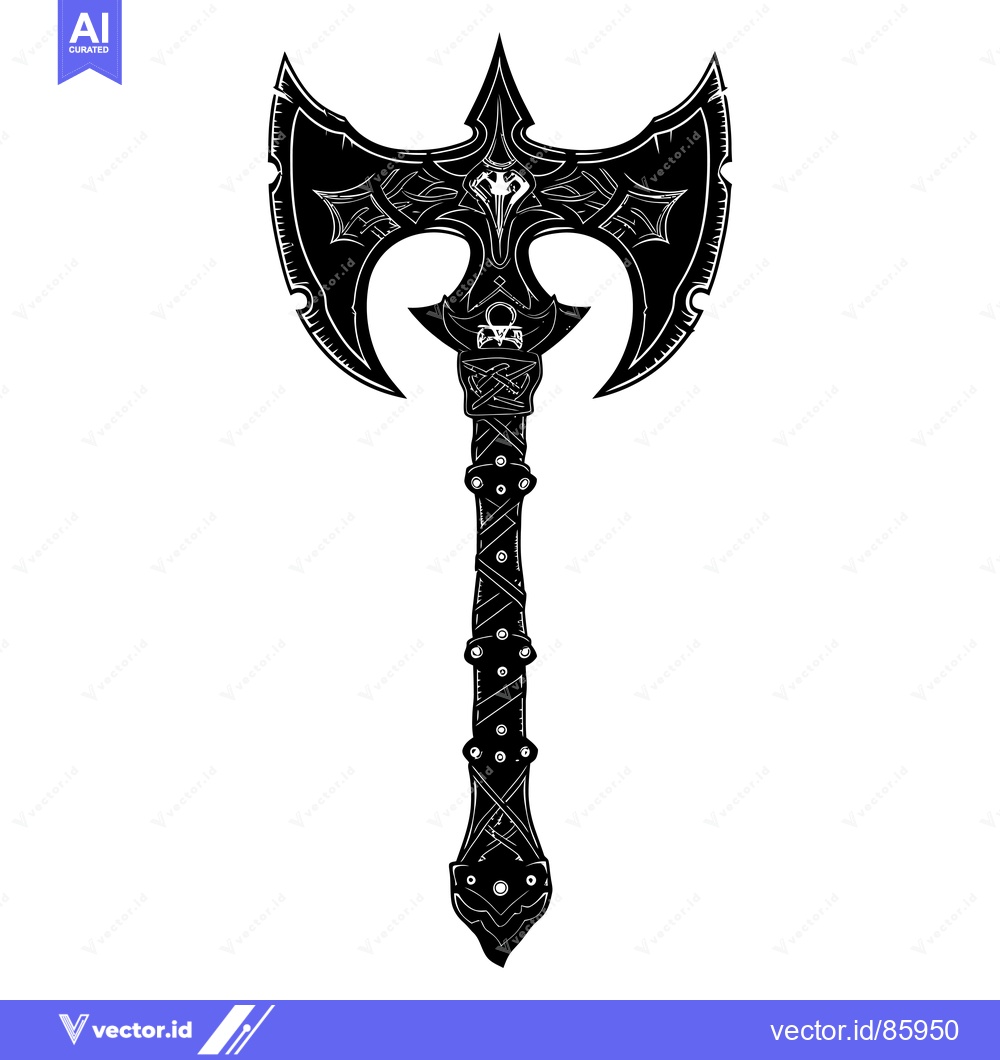 Premium Vector dari Ornate Black and White Double-Headed Axe with a Spiked Handle