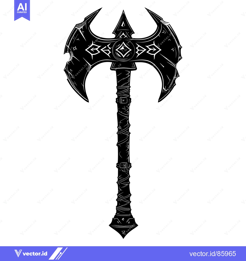 Premium Vector dari A black and white illustration of a double-bladed axe with a detailed