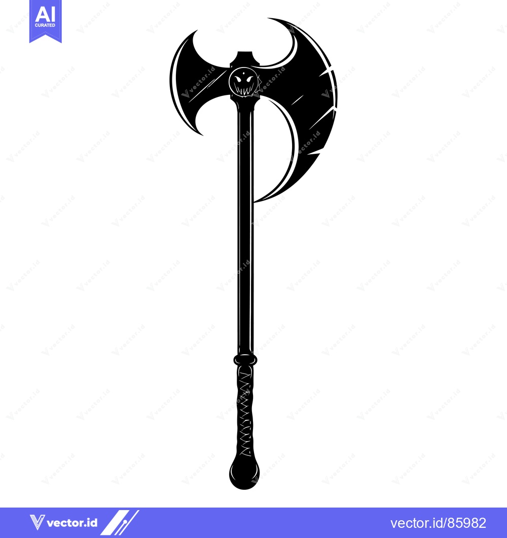 Premium Vector of Black and White Illustration of a Double-Headed Axe with Skull Design