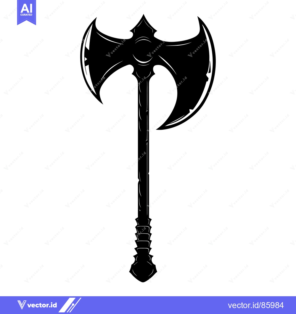 Premium Vector of A black and white silhouette of a double-headed axe with a detailed wo