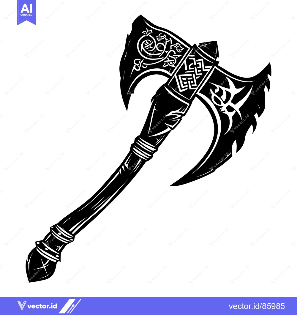Premium Vector of Ornate Black and White Double-Headed Axe with Intricate Designs