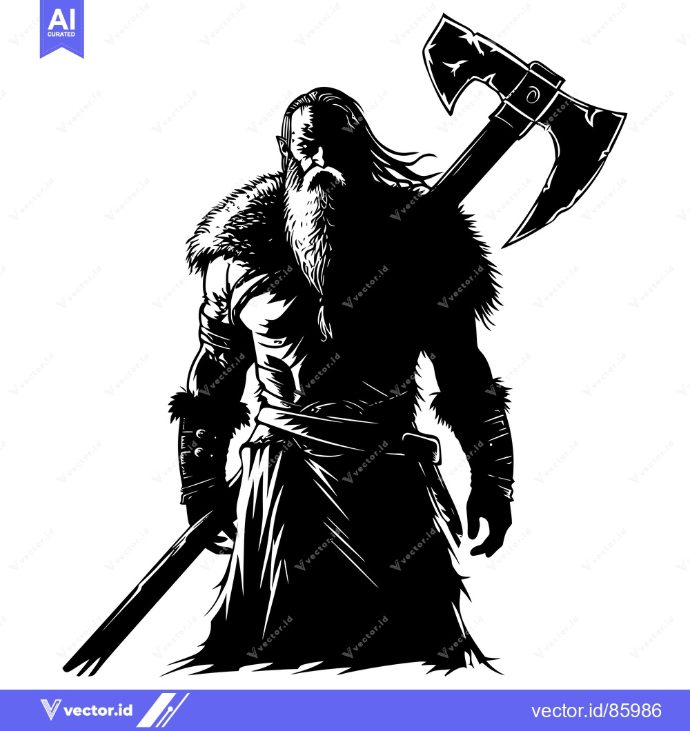 Premium Vector of A Black and White Silhouette of a Bearded Warrior with an Axe