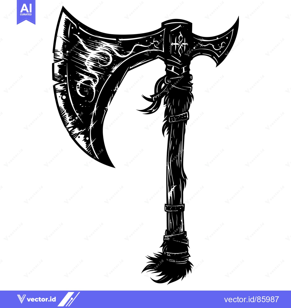 Premium Vector of Black and White Illustration of a Decorated Axe
