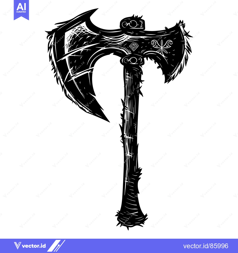 Premium Vector of A Black and White Illustration of a Viking Axe with a Carved Wooden Ha