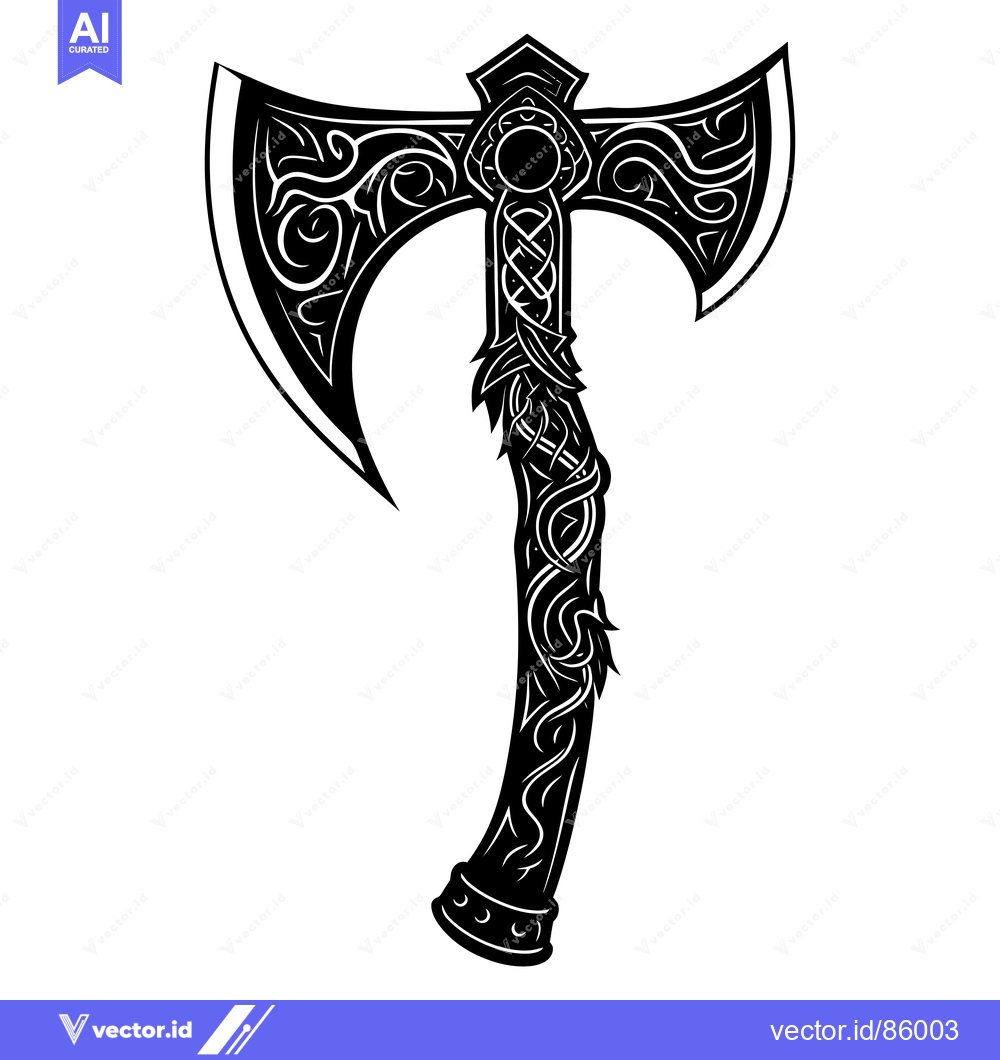 Premium Vector dari Ornate Black and White Viking Axe with Intricate Designs