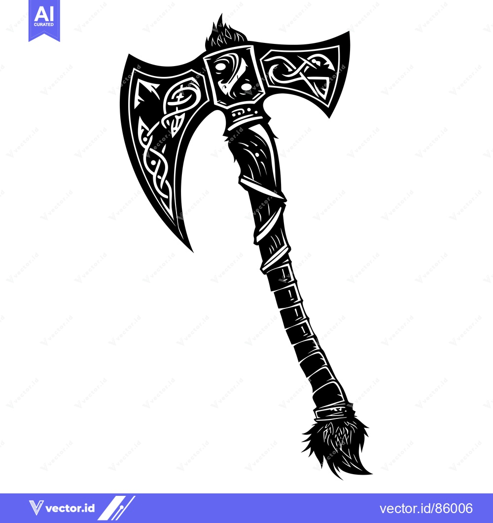 Premium Vector of Ornate Celtic-Style Double-Headed Axe with a Furry Handle