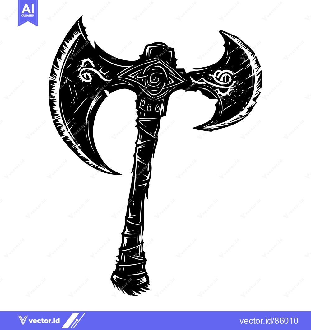 Premium Vector of Ornate double-headed axe with detailed carvings and a textured wooden