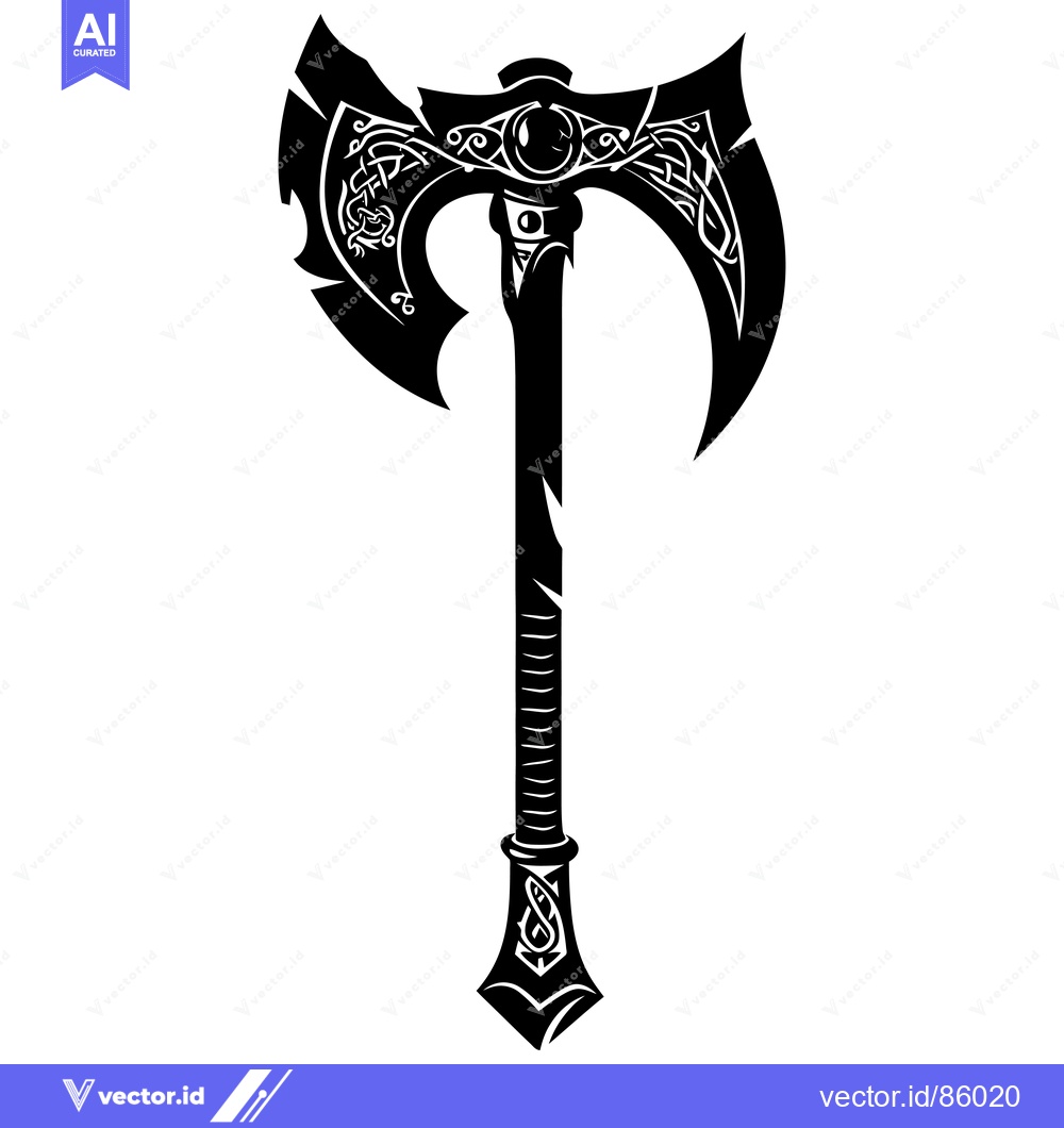 Premium Vector dari Ornate Black and White Viking Axe with Knotwork Design