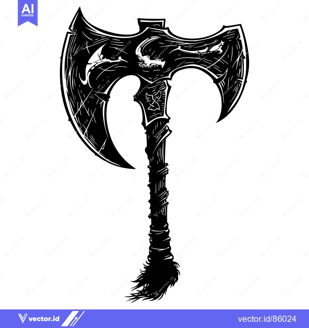Premium Vector of Black and White Illustration of a Double-Headed Axe with a Furry Handl