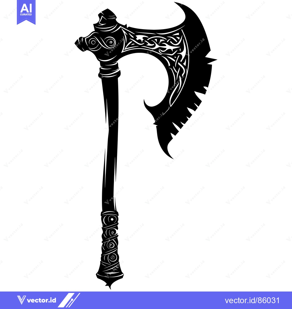 Premium Vector dari Ornate Black and White Viking Axe with Intricate Design