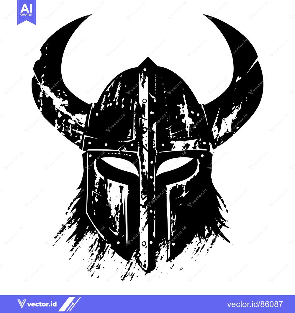 Premium Vector dari Grunge Style Black and White Illustration of a Viking Helmet with Horn