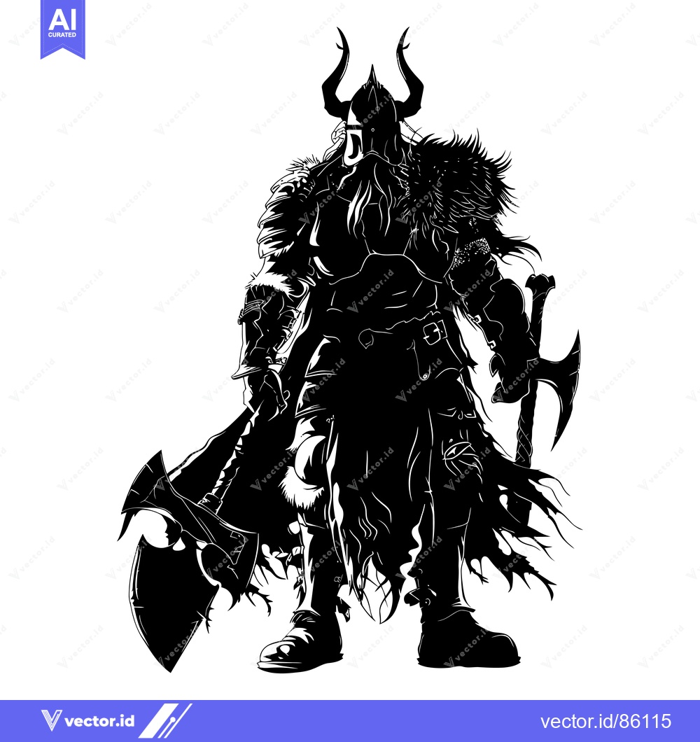 Premium Vector dari A Silhouetted Viking Warrior Holding Two Axes