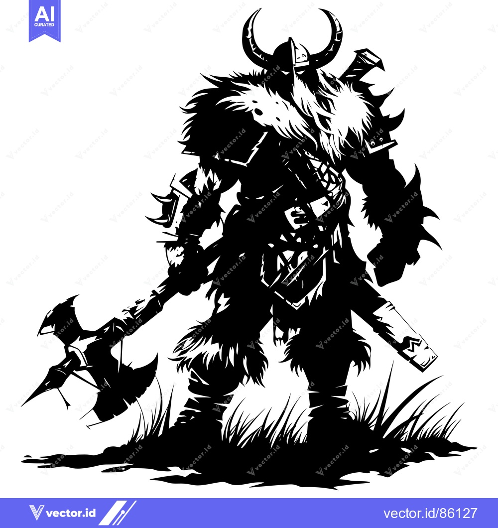Premium Vector dari A Silhouetted Viking Warrior Holding an Axe and Standing in Tall Grass