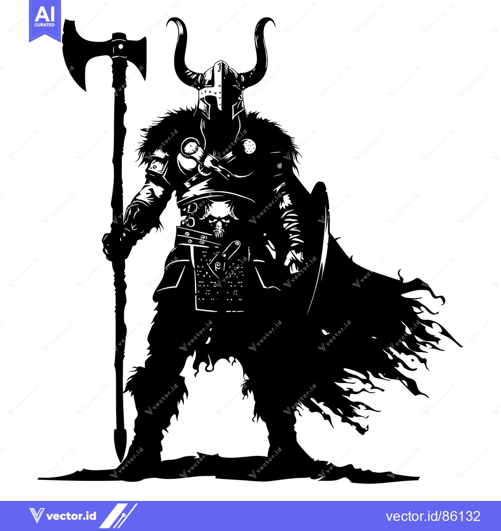 Premium Vector dari Silhouetted Viking Warrior Holding an Axe and Shield