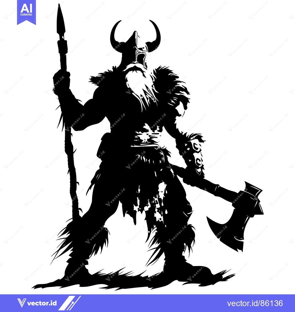 Premium Vector of A silhouette of a Viking warrior holding a spear and an axe