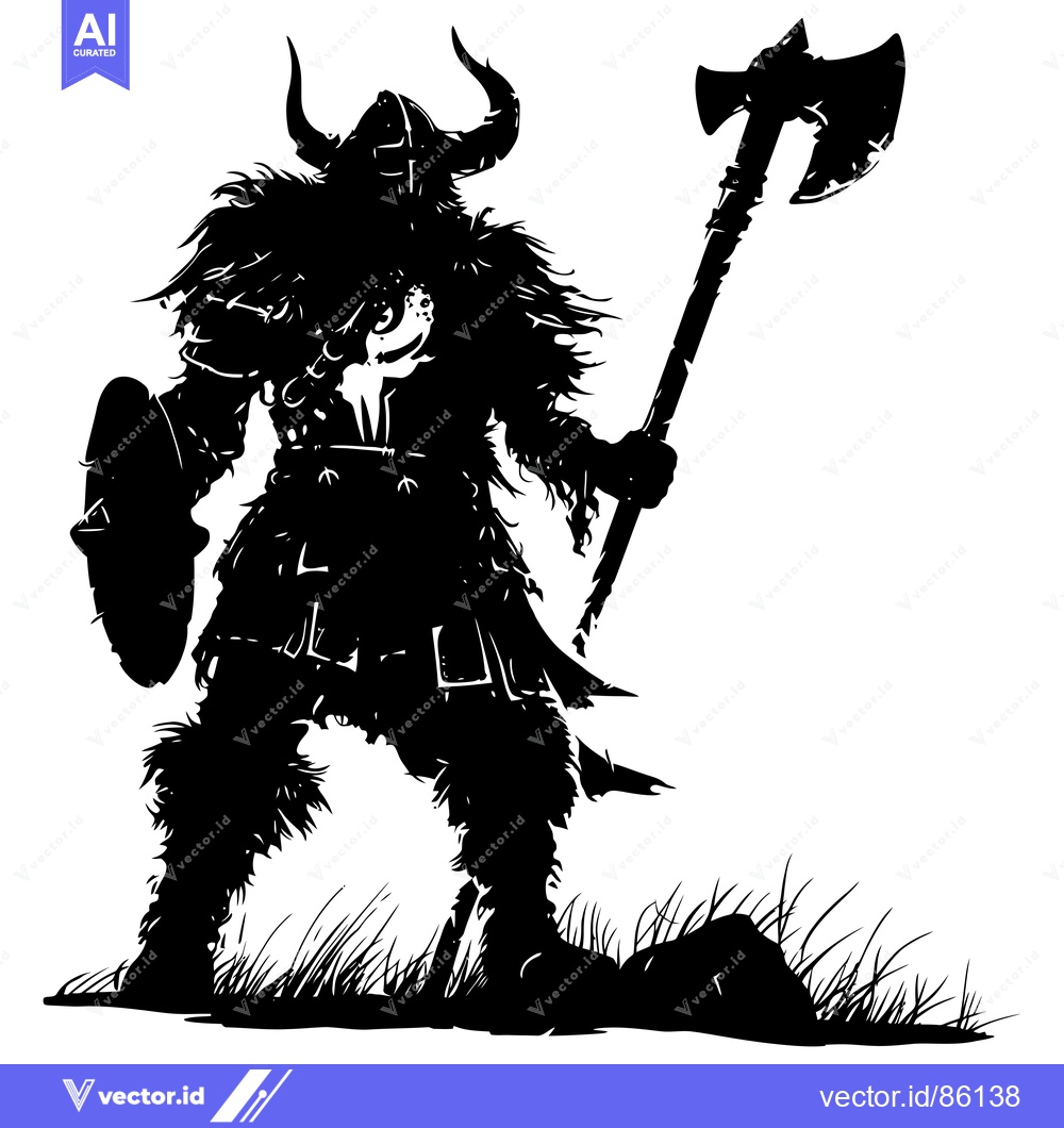 Premium Vector of A Silhouetted Warrior Holding an Axe and Shield in a Field of Grass