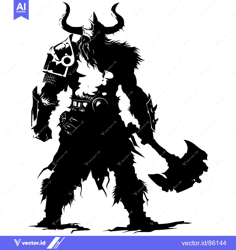Premium Vector dari A Silhouetted Warrior With Horns, Holding an Axe