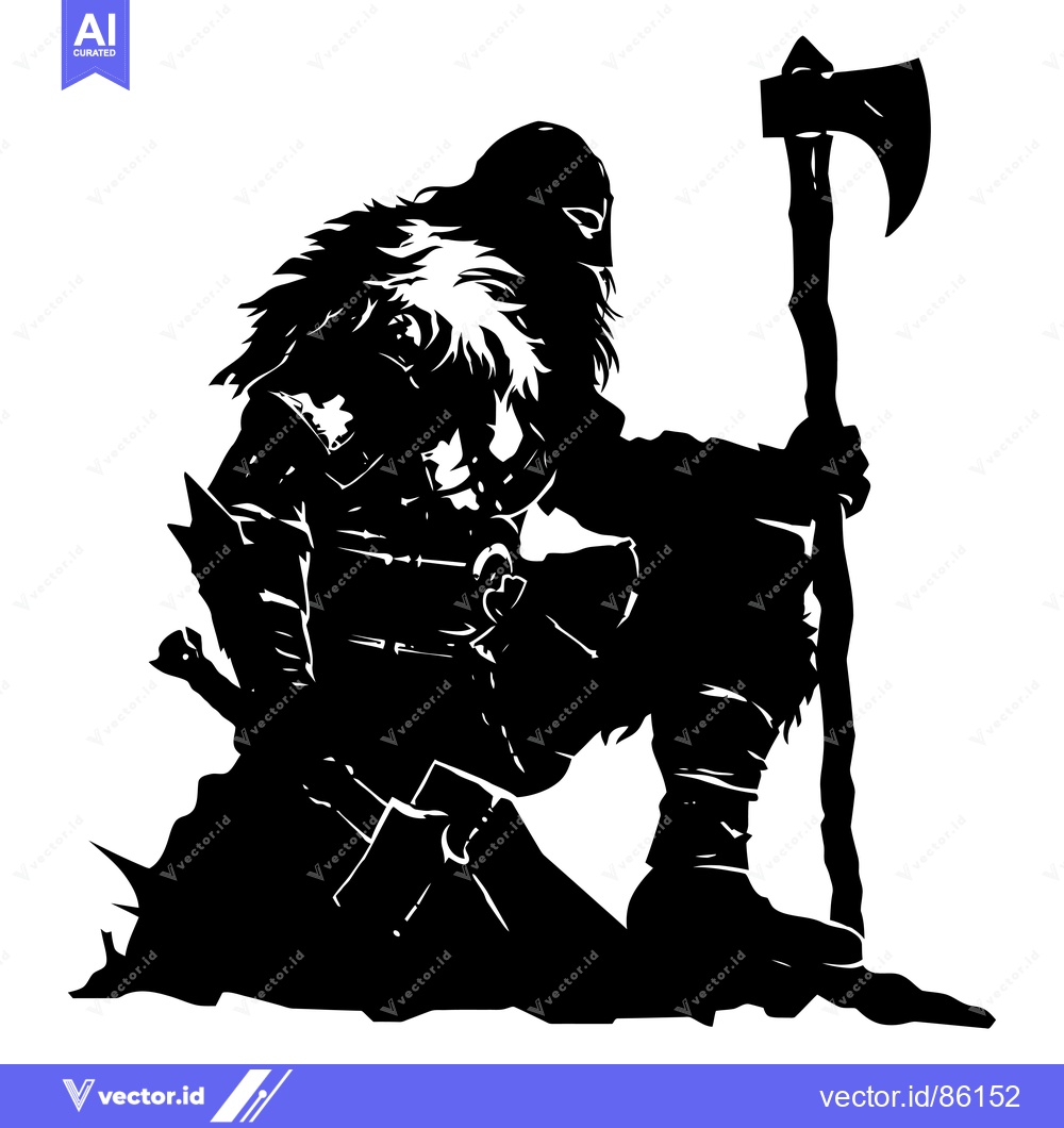 Premium Vector dari Silhouetted Viking Warrior Kneeling with Axe