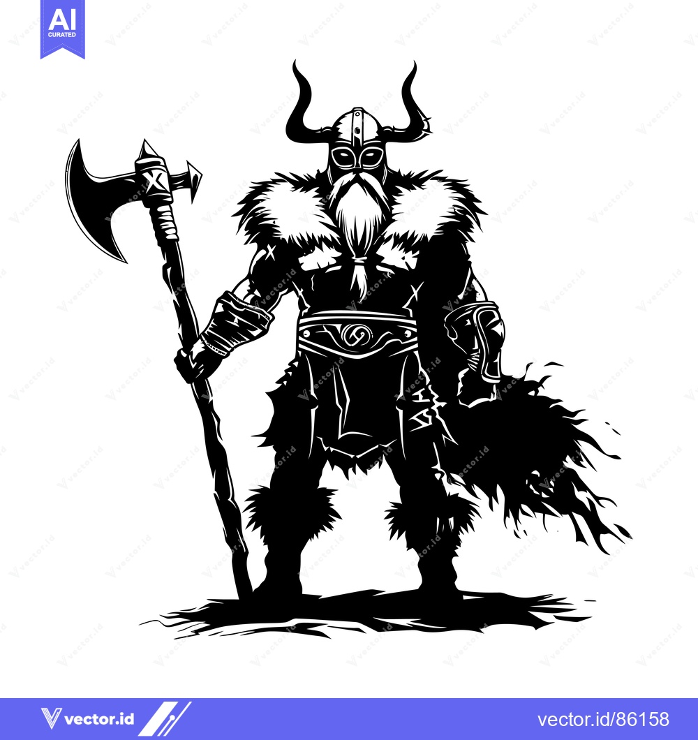 Premium Vector dari A Viking Warrior Holding an Axe in Black and White Silhouette