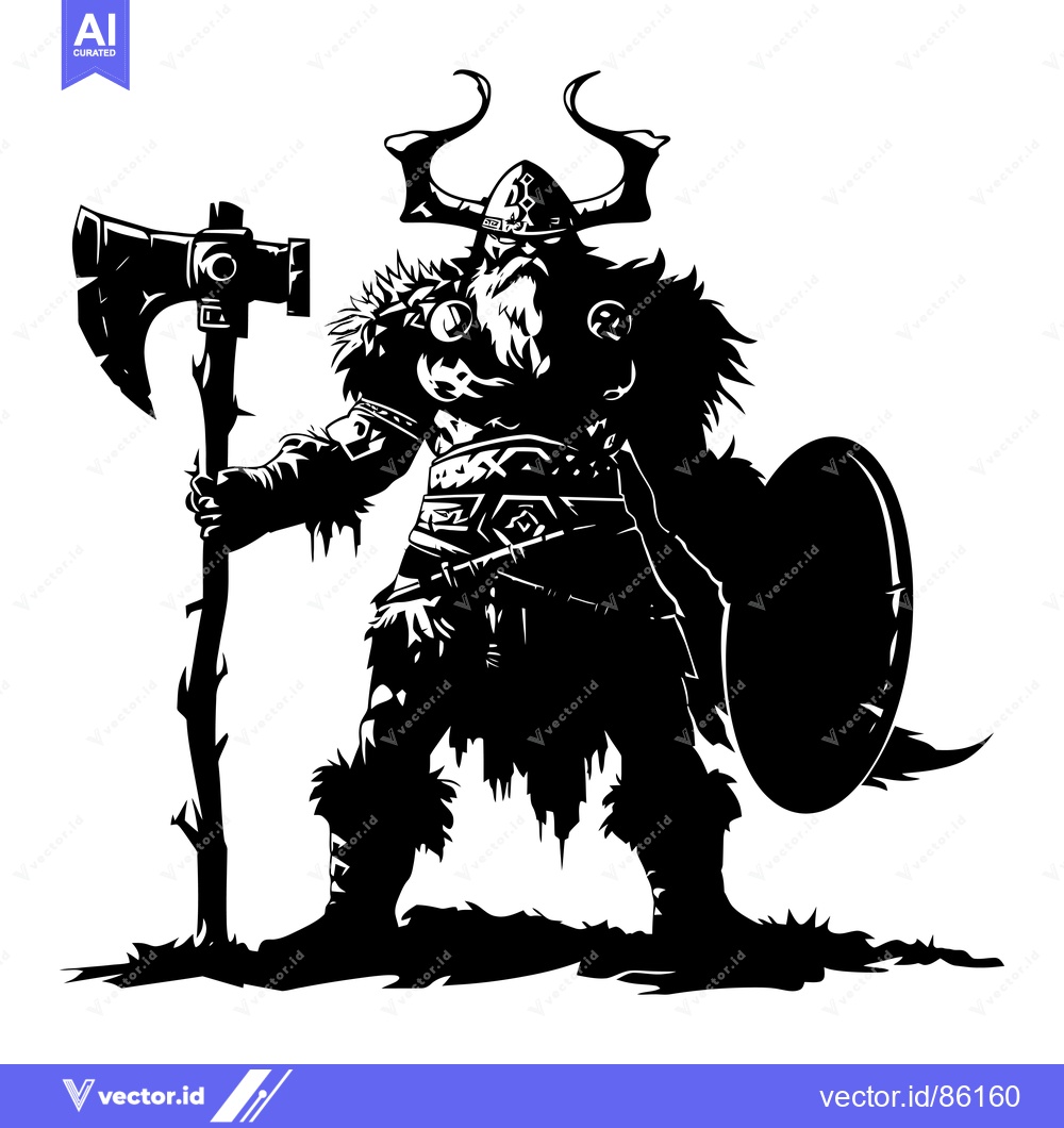 Premium Vector of A Silhouetted Viking Warrior with Axe, Shield, and Horned Helmet