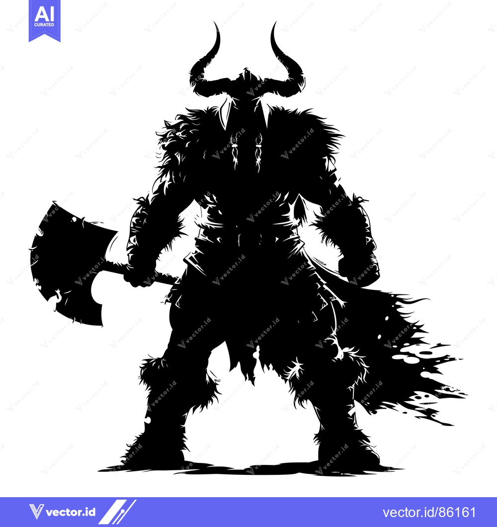 Premium Vector of Silhouette of a  Warrior with Horns, Fur, and an Axe