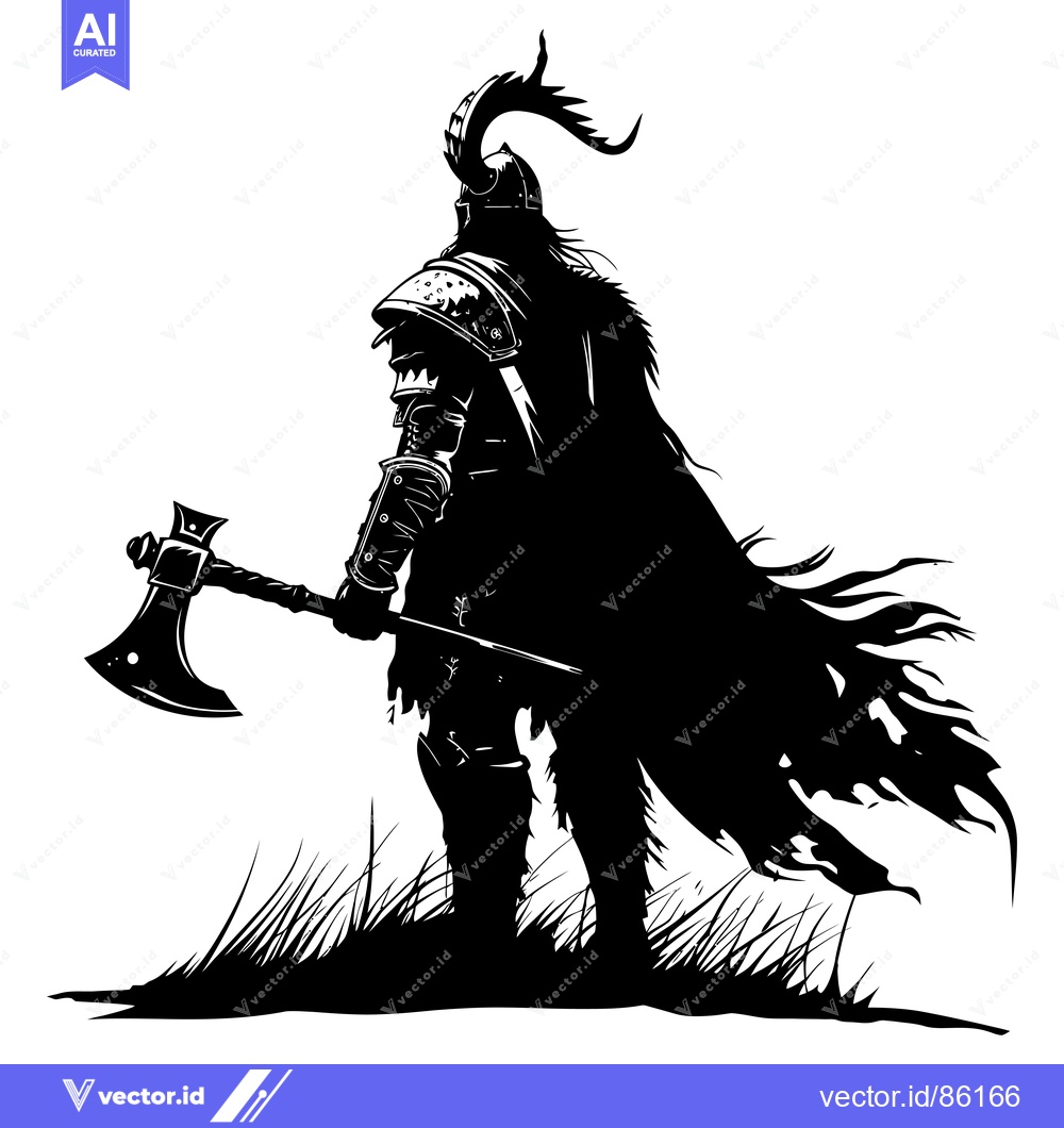 Premium Vector dari Silhouette of a Warrior Holding an Axe, Standing in Grass