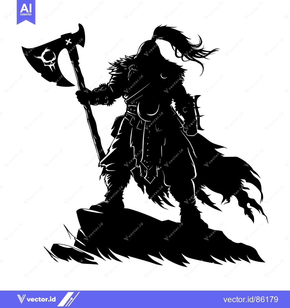 Premium Vector dari Silhouette of a Warrior Holding an Axe on a Cliff