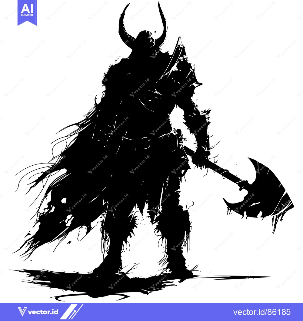 Premium Vector of Silhouette of a horned warrior holding a large axe