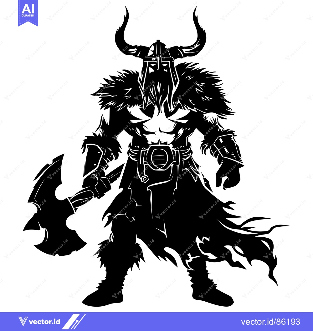 Premium Vector of A fierce black and white silhouette of a viking warrior with a horned