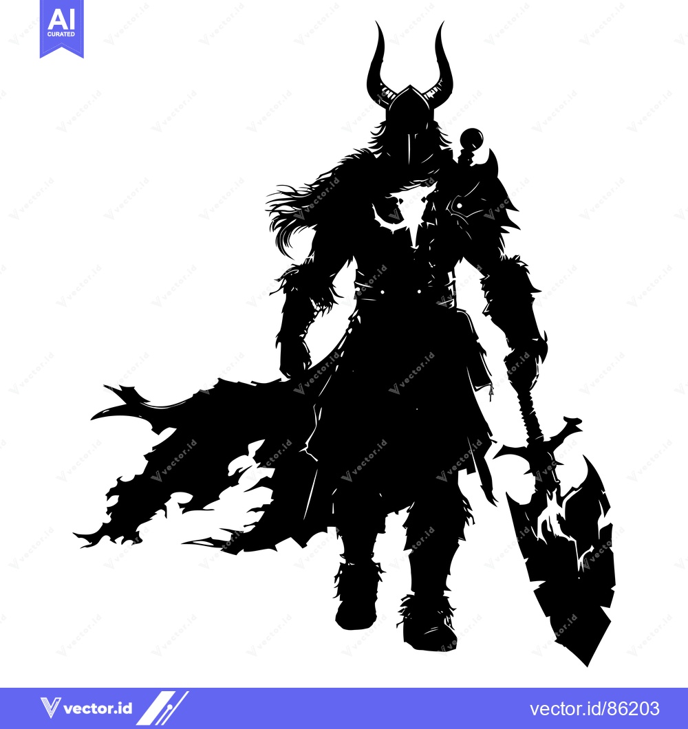 Premium Vector dari Silhouetted Warrior with Horns, Cape, and Large Sword