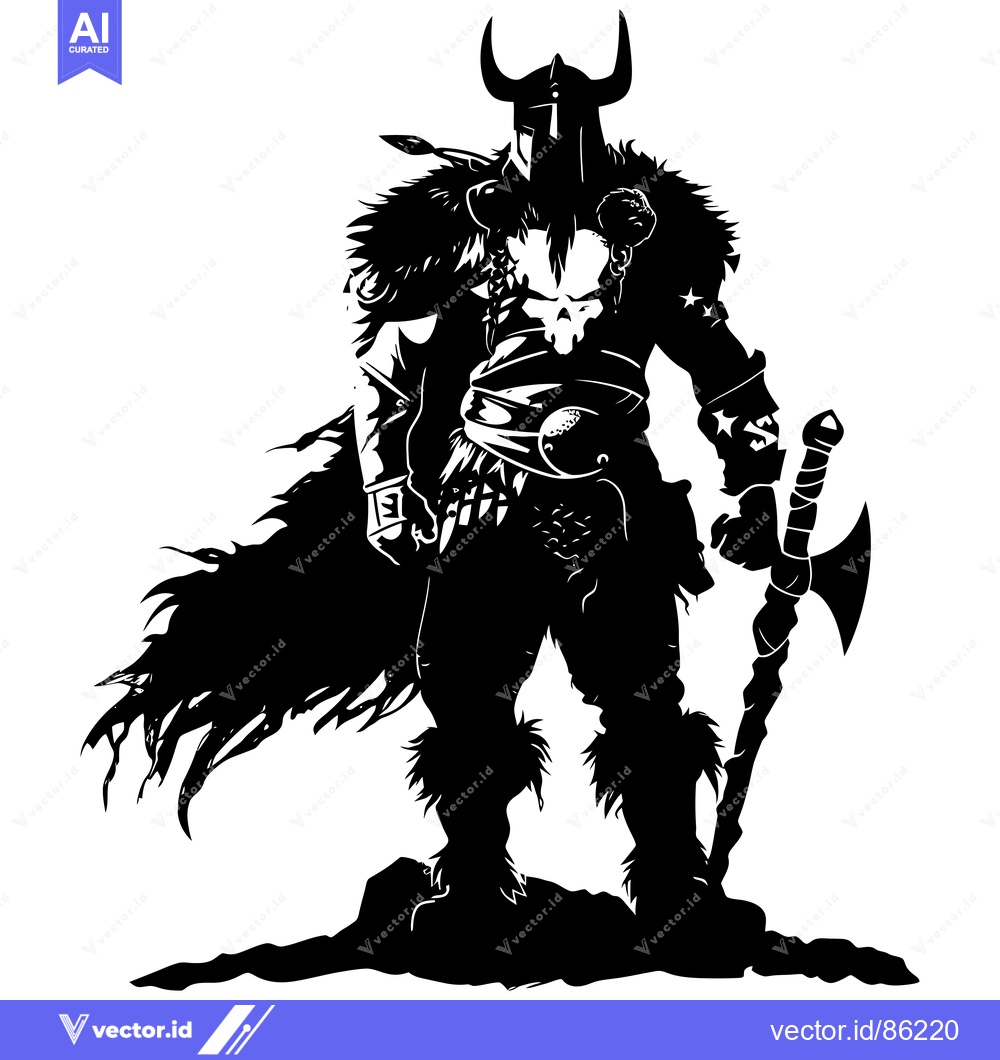 Premium Vector of A Silhouetted Warrior Holding an Axe, Wearing a Helmet with Horns and