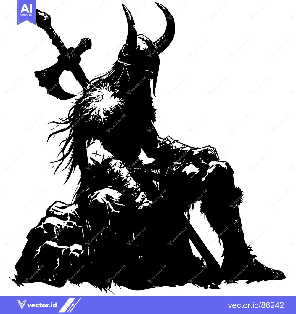 Premium Vector of Silhouetted Viking Warrior Resting with Axe and Sword