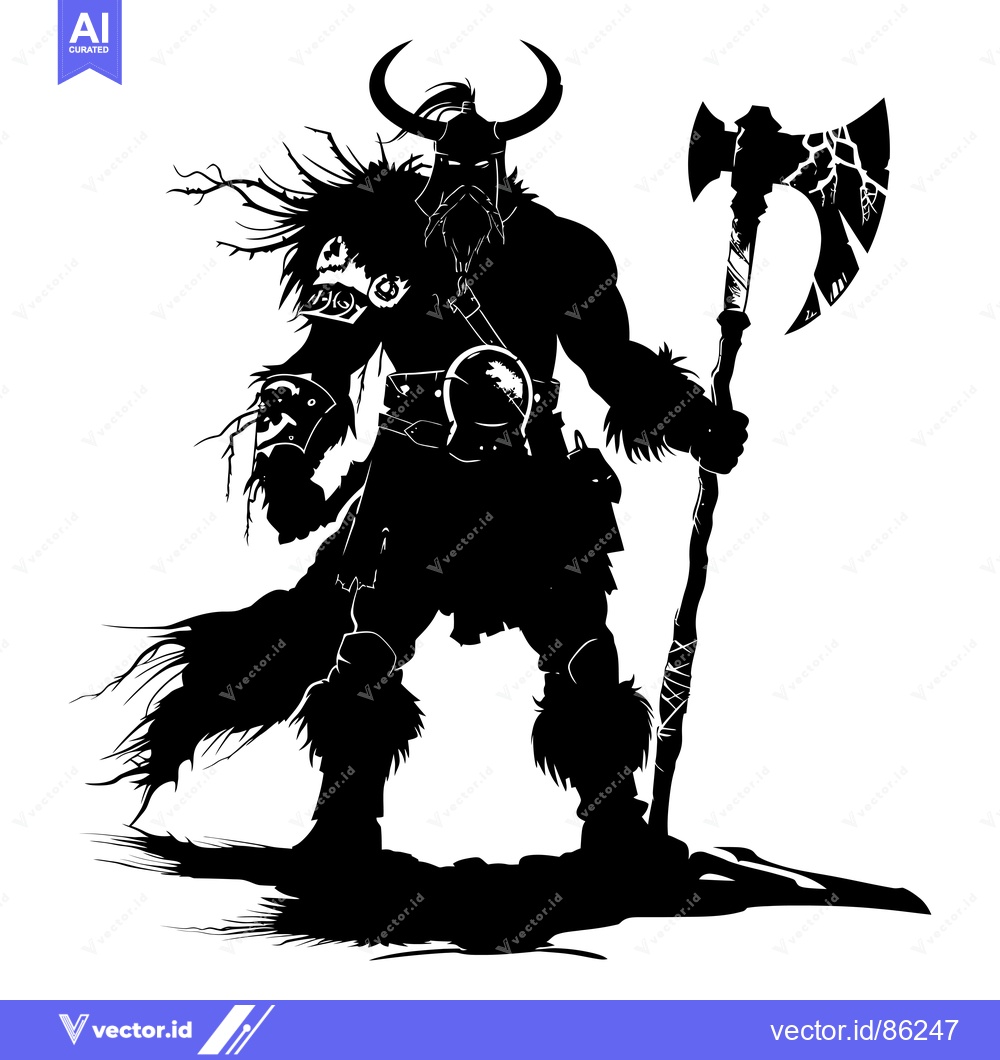 Premium Vector dari Silhouetted Viking Warrior Holding a Large Axe