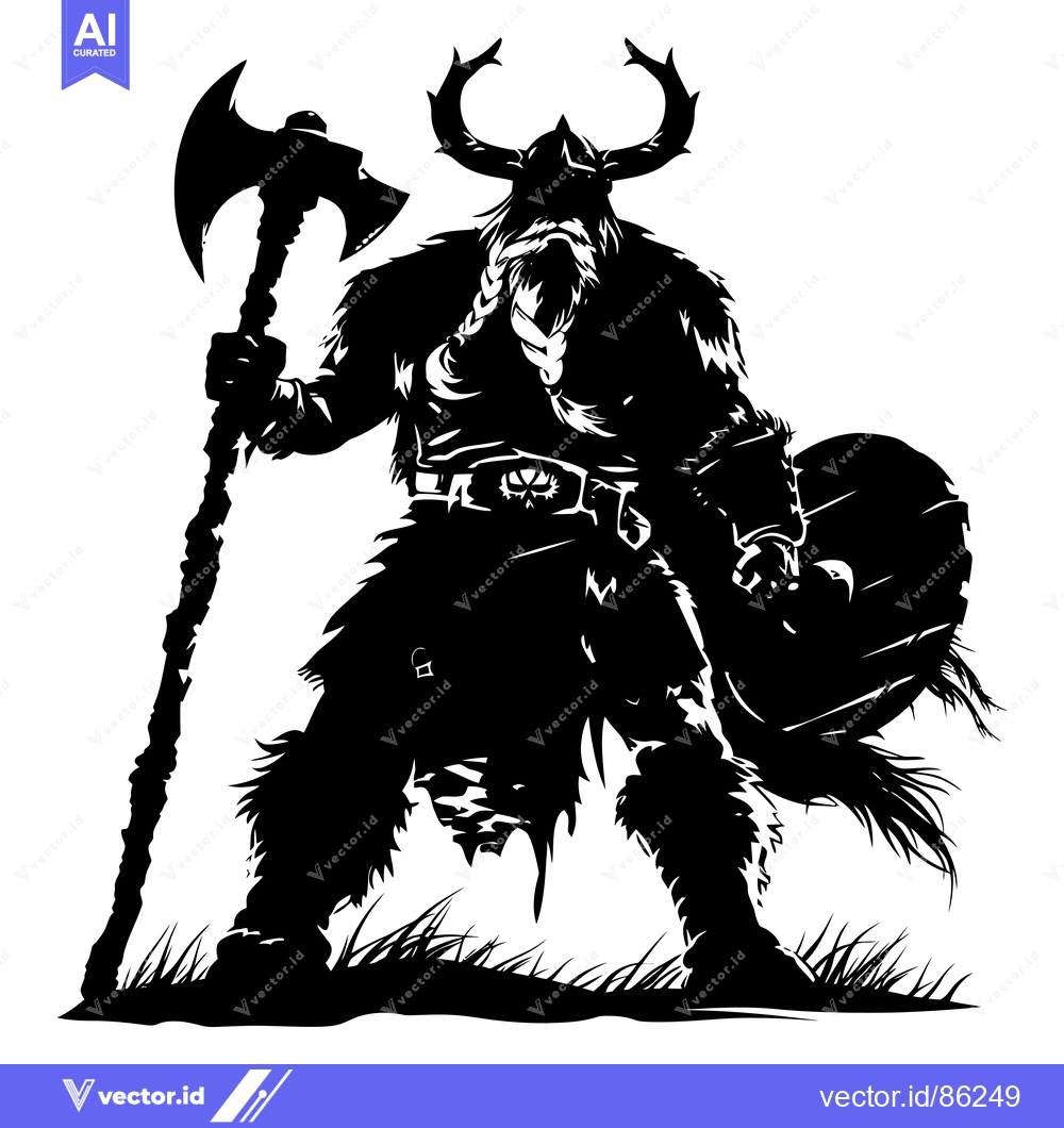 Premium Vector of Black and White Illustration of a Viking Warrior with an Axe and Shiel