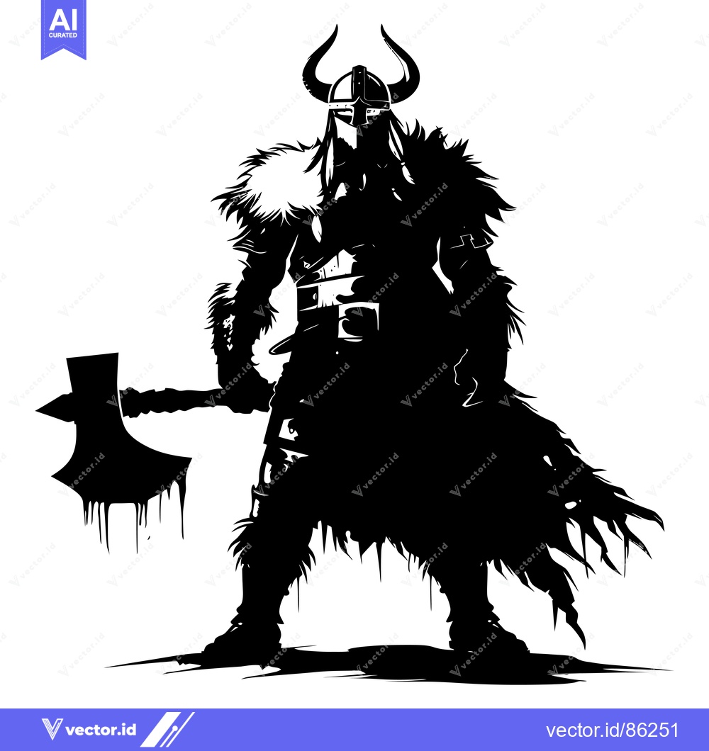 Premium Vector dari Silhouetted Viking Warrior with Axe and Horned Helmet
