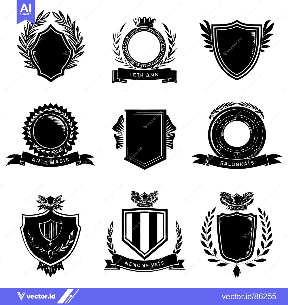 Premium Vector dari Nine Black and White Heraldic Shields with Laurels, Ribbons, and Crown