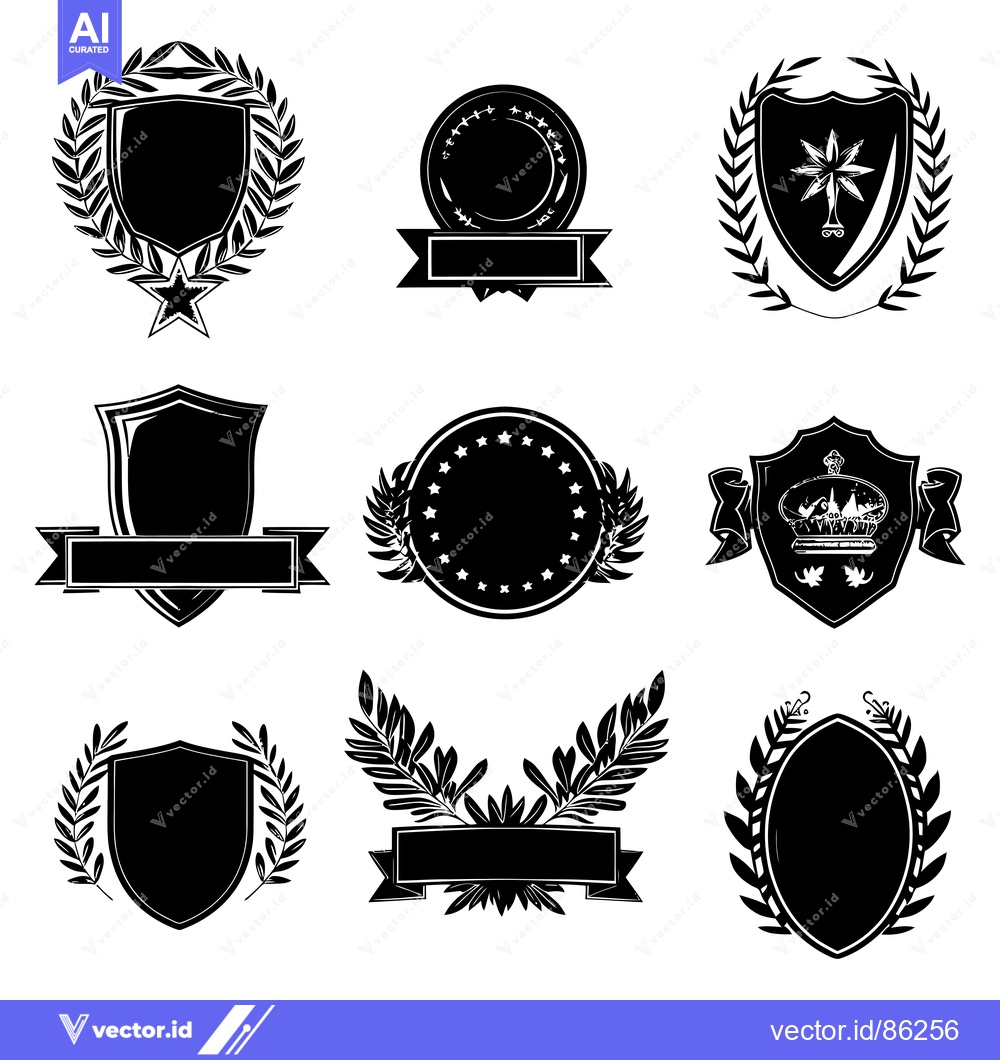 Premium Vector dari Nine Black and White Heraldic Emblems with Shields, Laurels, Crowns, a