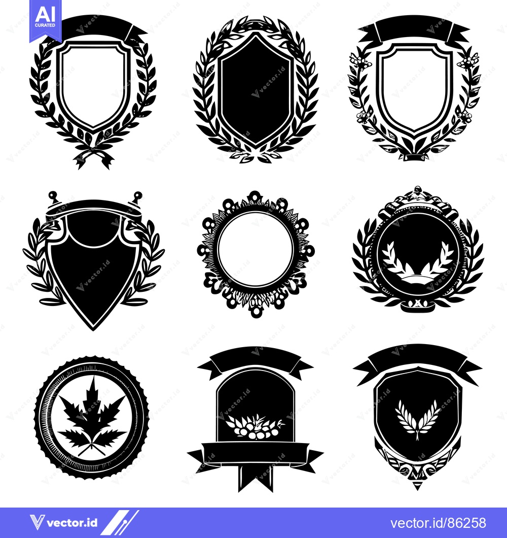Premium Vector dari Collection of Black and White Heraldic Shields with Ornamental Details